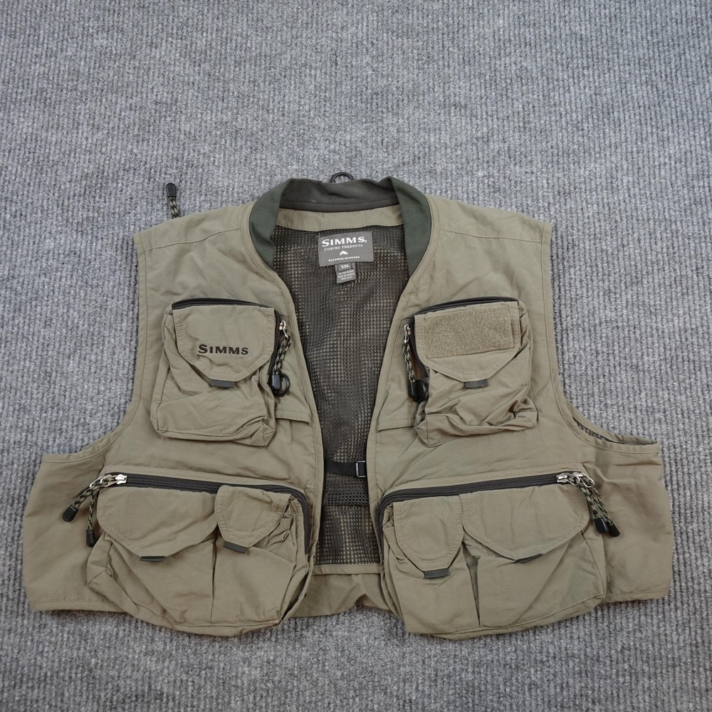 Simms Fishing Vest Mens 2XL Green Nylon Mesh Pockets Made In Canada Outdoor